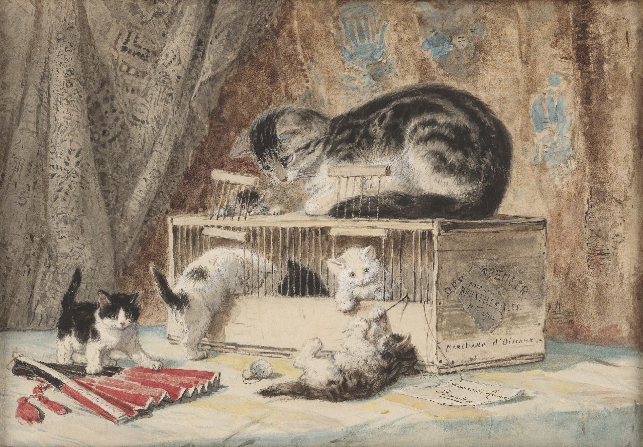 Ronner-Knip H.  | Henriette Ronner-Knip, Eine Katze mit Kätzchen die mit einem Vogelkäfig spielen, Aquarell auf Papier 30,2 x 43,9 cm, Unterzeichnet u.r. auf bemaltem Aufkleber
