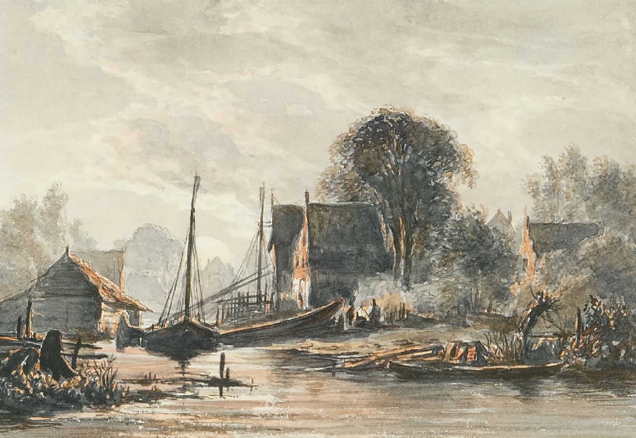 Abels J.Th.  | 'Jacobus' Theodorus Abels, Schiffswerft im Mondlicht, Aquarell auf Papier 10,4 x 14,9 cm, Unterzeichnet im Verso mit Monogramm und datiert 1856 im Verso