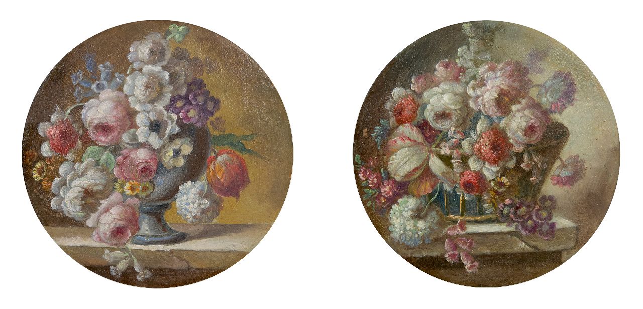 Spaendonck (omgeving van) C. van | Cornelis van Spaendonck (omgeving van) | Gemälde zum Verkauf angeboten | Miniaturen von Blumen in einem Korb (2), Öl auf Kupfer 8,6 cm