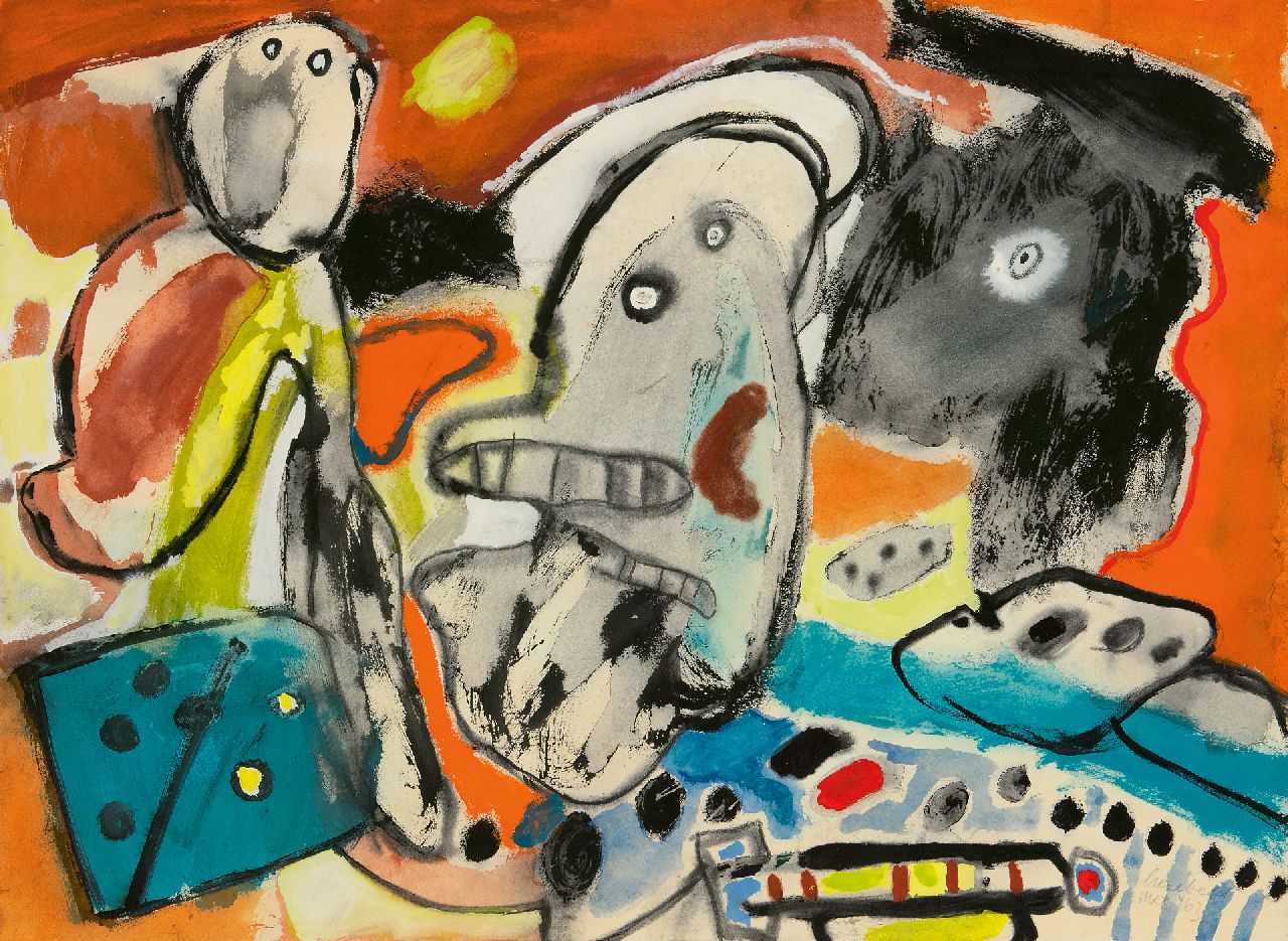 Lucebert (Lubertus Jacobus Swaanswijk)   | Lucebert (Lubertus Jacobus Swaanswijk) | Aquarelle und Zeichnungen zum Verkauf angeboten | Komposition mit Personen, Gouache auf Papier 54,8 x 74,5 cm, Unterzeichnet u.r. und datiert mrt '63'