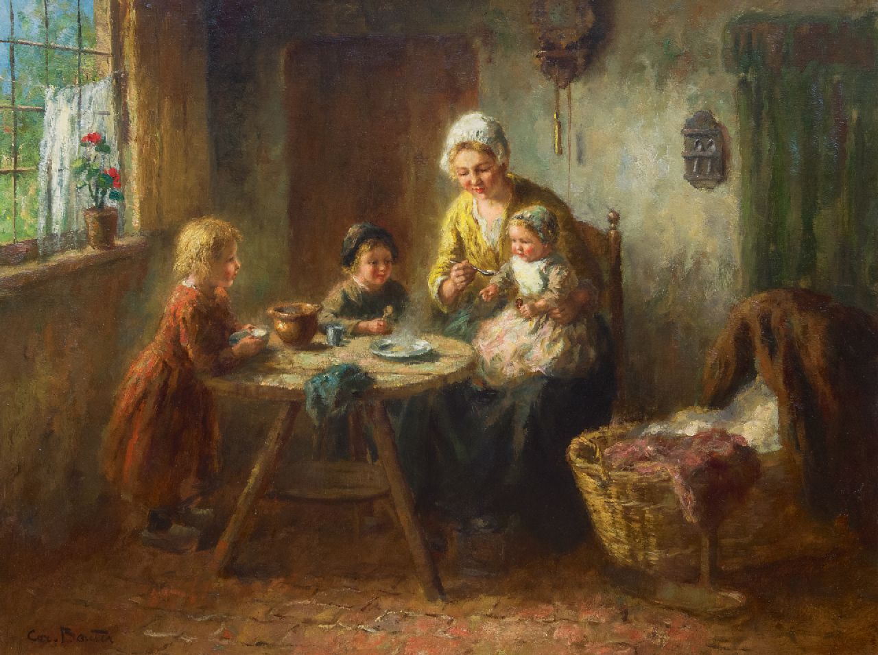 Bouter C.W.  | Cornelis Wouter 'Cor' Bouter, Innenraum mit Mutter und Kindern bei der Mahlzeit, Öl auf Leinwand 75,1 x 99,9 cm, Unterzeichnet u.l.