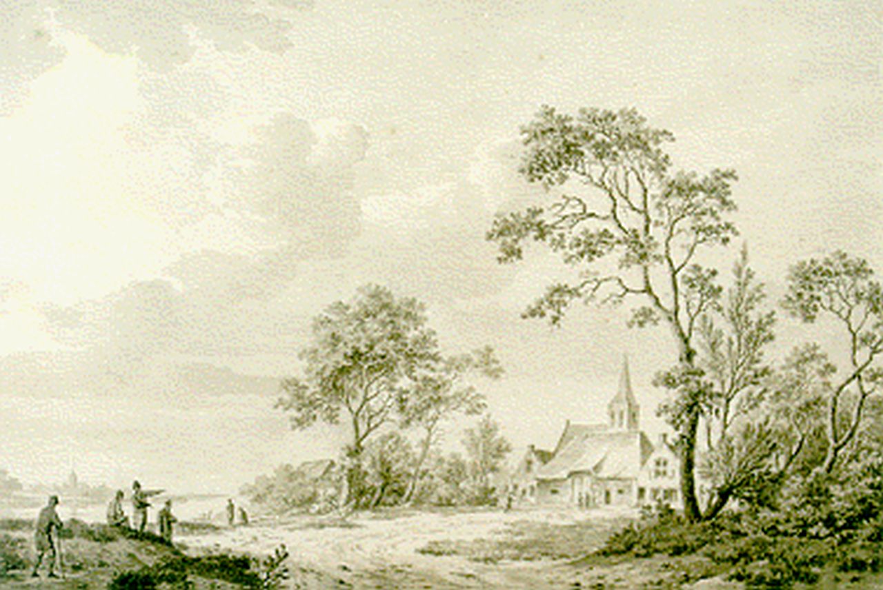 Koekkoek B.C.  | Barend Cornelis Koekkoek, Figuren an einem sandigen Weg des Flusses, Sepia auf Papier 18,2 x 26,8 cm, signed m.l.