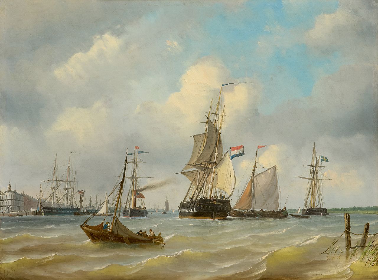 Schiedges P.P.  | Petrus Paulus Schiedges, Schiffe am Kai von Rotterdam beim Gebäude des Königlichen Yachtklubs - heute Weltmuseum, Öl auf Holz 39,9 x 53,2 cm, Unterzeichnet u.r. und datiert 1869