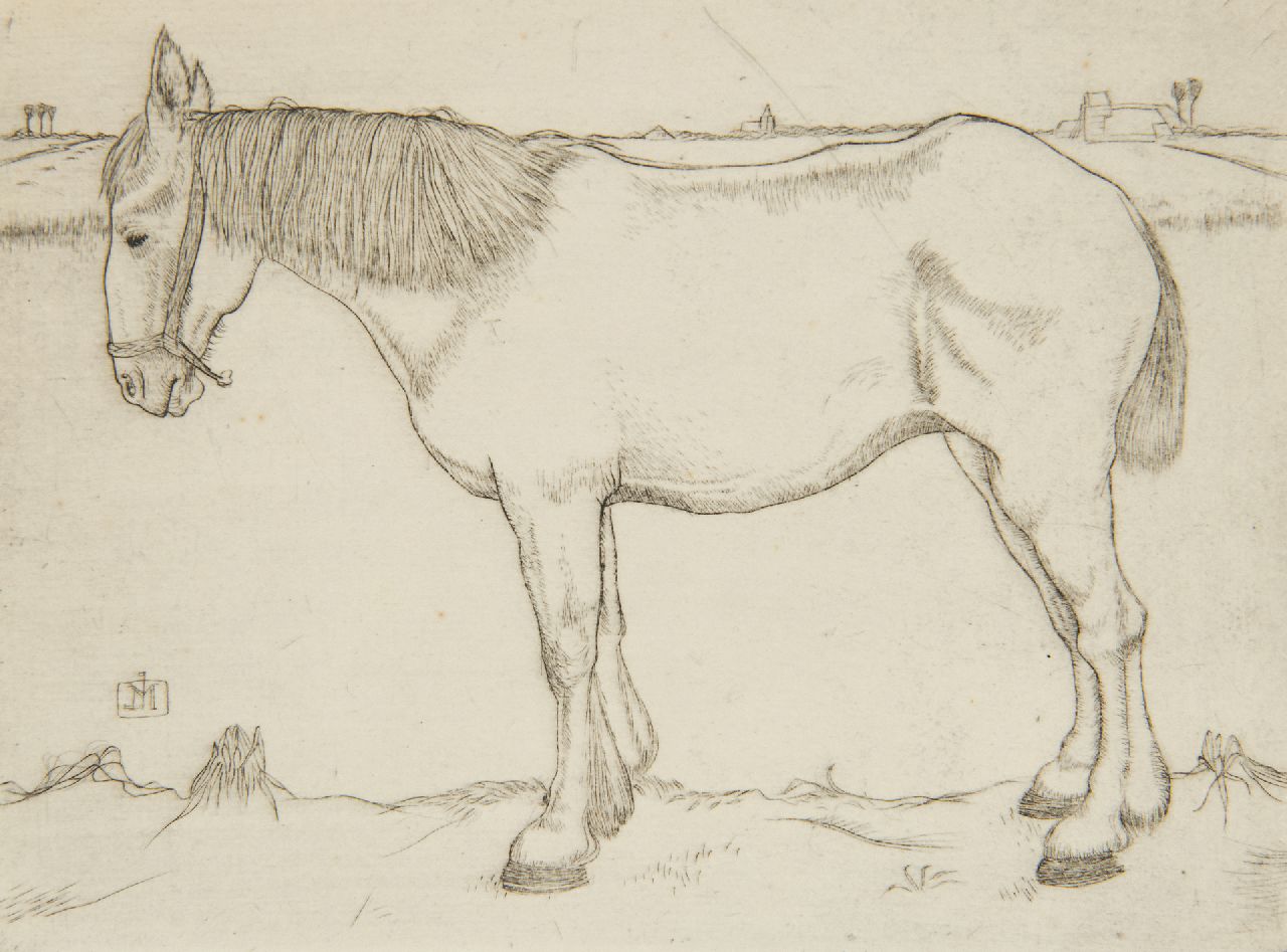 Mankes J.  | Jan Mankes, Stehendes Pferd, Radierung auf Papier 11,7 x 15,8 cm, Unterzeichnet M.l. mit Monogramm in der Zeichnung und datiert 1917