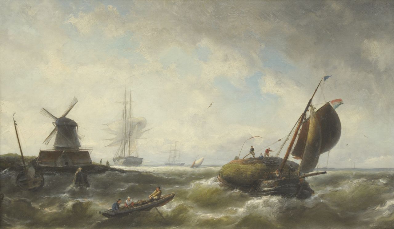 Riegen N.  | Nicolaas Riegen, Hafenmündung mit Segelschiffen in starker Brise, Öl auf Leinwand 43,9 x 74,2 cm, Unterzeichnet u.l.