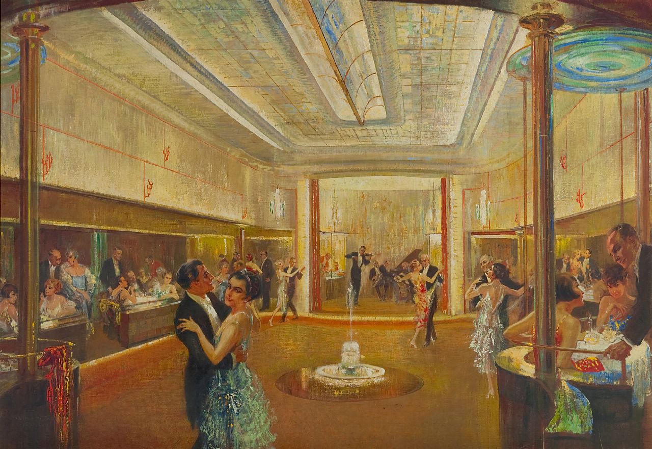 Felix Schwarmstädt | Tanzen an Bord der ss Bremen, Öl auf Leinwand, 90,1 x 131,0 cm, Unterzeichnet u.l. und zu datieren um 1928