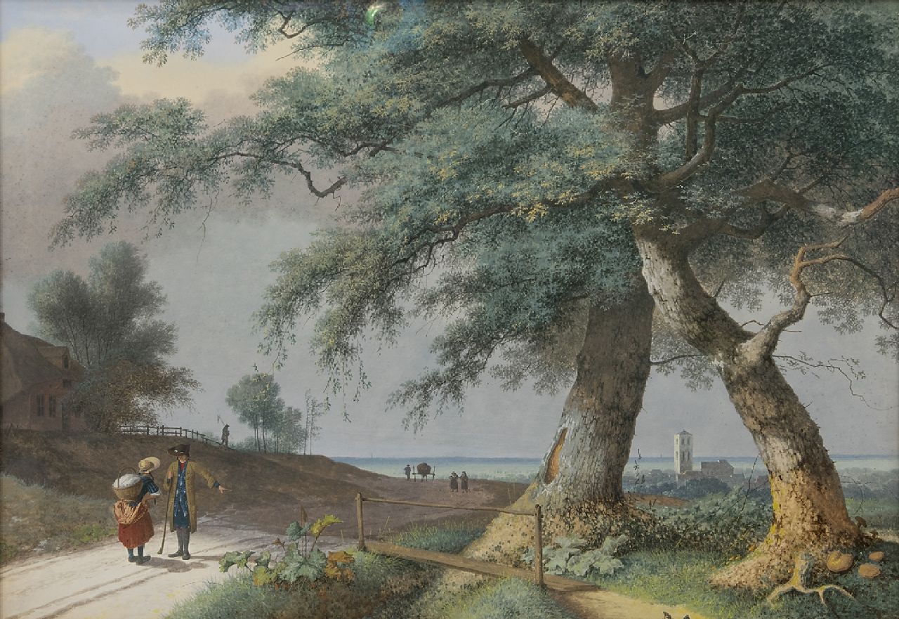 Knip J.A.  | Josephus Augustus Knip, Italienische Landschaft mit Figuren auf einem Landweg und ein Glockenturm in der Ferne, Gouache auf Papier 49,5 x 71,5 cm