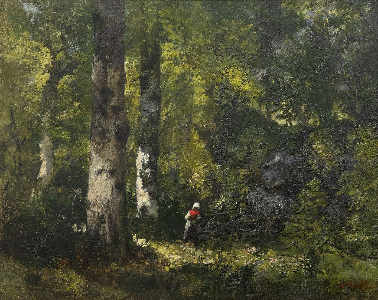 Narcisse Virgile Diaz de la Peña | Holzsammlerin im Wald von Fontainebleau, Öl auf Malereifaser, 32,3 x 40,6 cm, Unterzeichnet u.r.