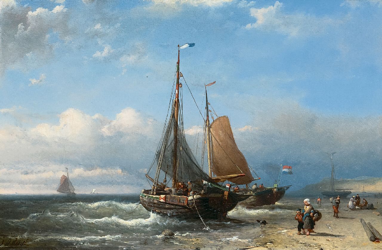 Johan Rust | Fischerboote vor Anker am Strand, Öl auf Tafel, 24,3 x 36,6 cm, Unterzeichnet u.l.