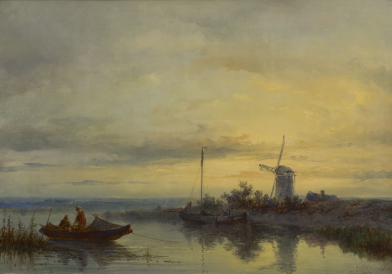 Hilverdink J.  | Johannes Hilverdink | Gemälde zum Verkauf angeboten | Flusslandschaft mit einer Mühle und einem Ruderboot, Öl auf Holz 31,1 x 44,5 cm, Unterzeichnet u.r. und datiert 1869