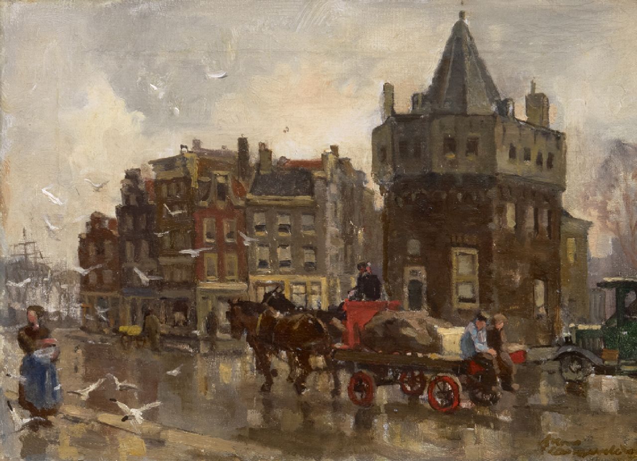 Langeveld F.A.  | Franciscus Arnoldus 'Frans' Langeveld, Pferd und Wagen bei dem Schreiersturm in Amsterdam, Öl auf Leinwand 24,3 x 33,4 cm, Unterzeichnet u.r.