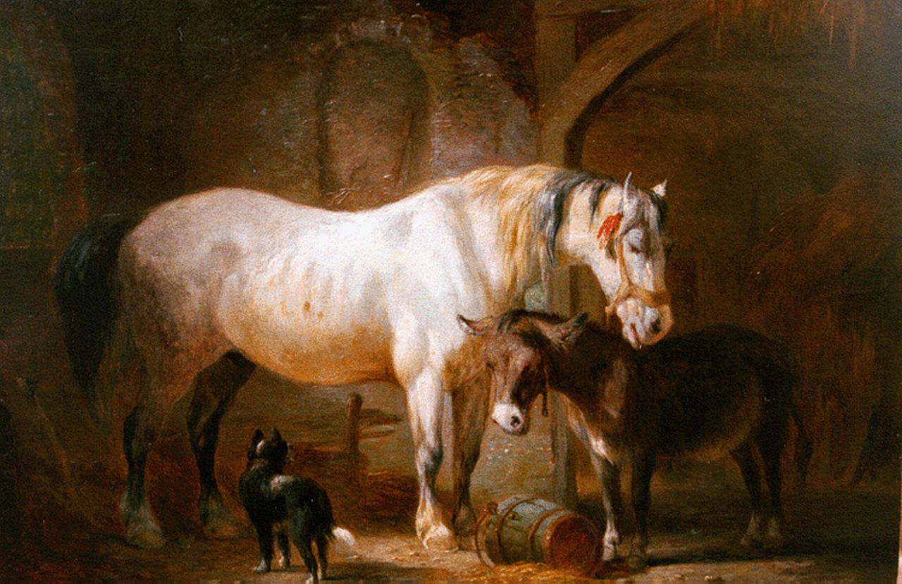 Os P.F. van | Pieter Frederik van Os, A stable interior with horse and donkey, Öl auf Holz 15,5 x 22,3 cm, signed l.l.