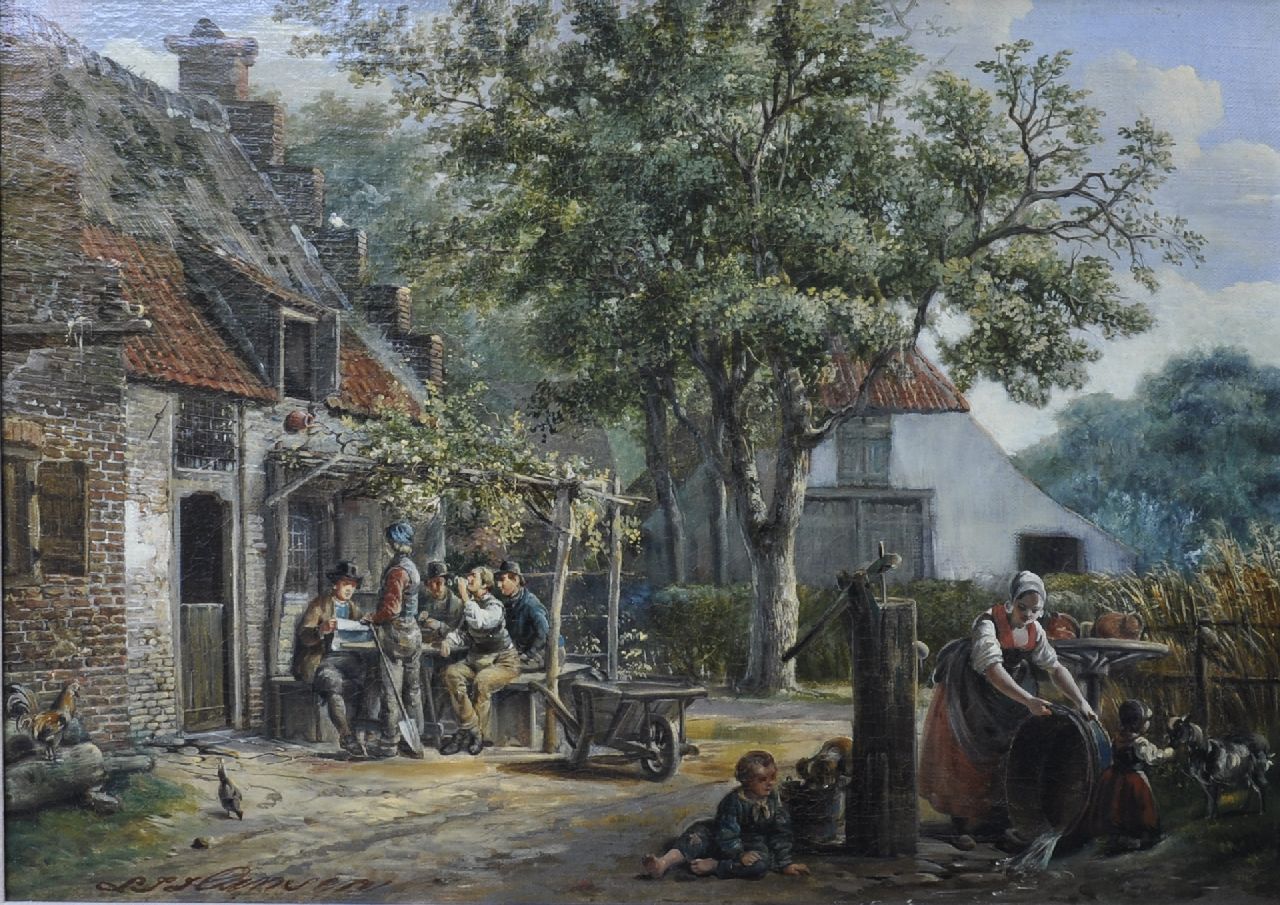 Lambertus Johannes Hansen | Bauernszene mit Trinkern unter der Laube, Öl auf Leinwand, 41,1 x 56,1 cm, Unterzeichnet u.l.
