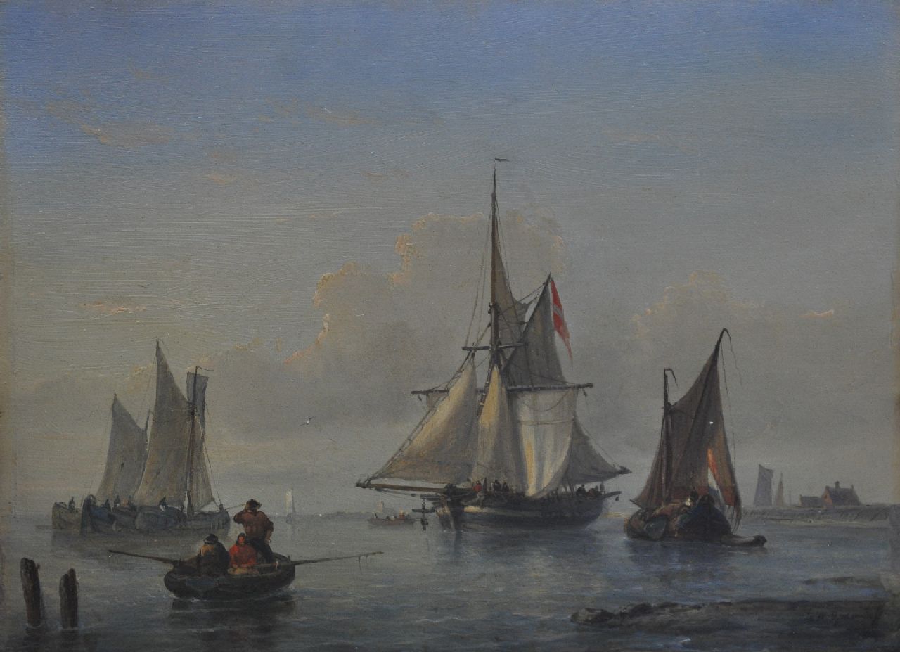 Opdenhoff G.W.  | Witzel 'George Willem' Opdenhoff, Segelschiffe an einem windstillen Tag vor der Küste, Öl auf Holz 20,8 x 28,4 cm, Unterzeichnet u.r.