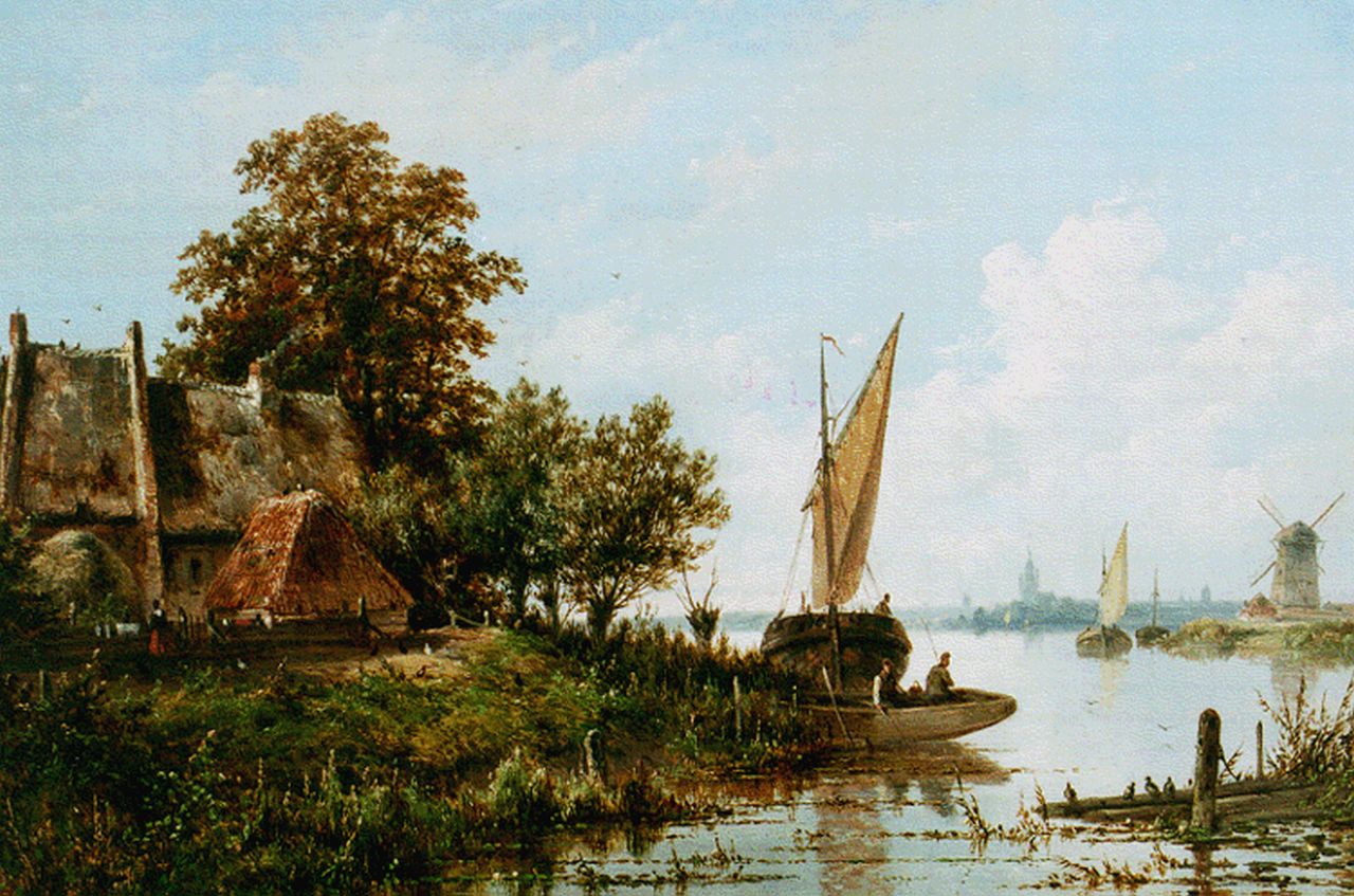 Hans J.G.  | Josephus Gerardus Hans, A river landscape with a moored boat, Öl auf Holz 37,3 x 52,9 cm, signed l.r.