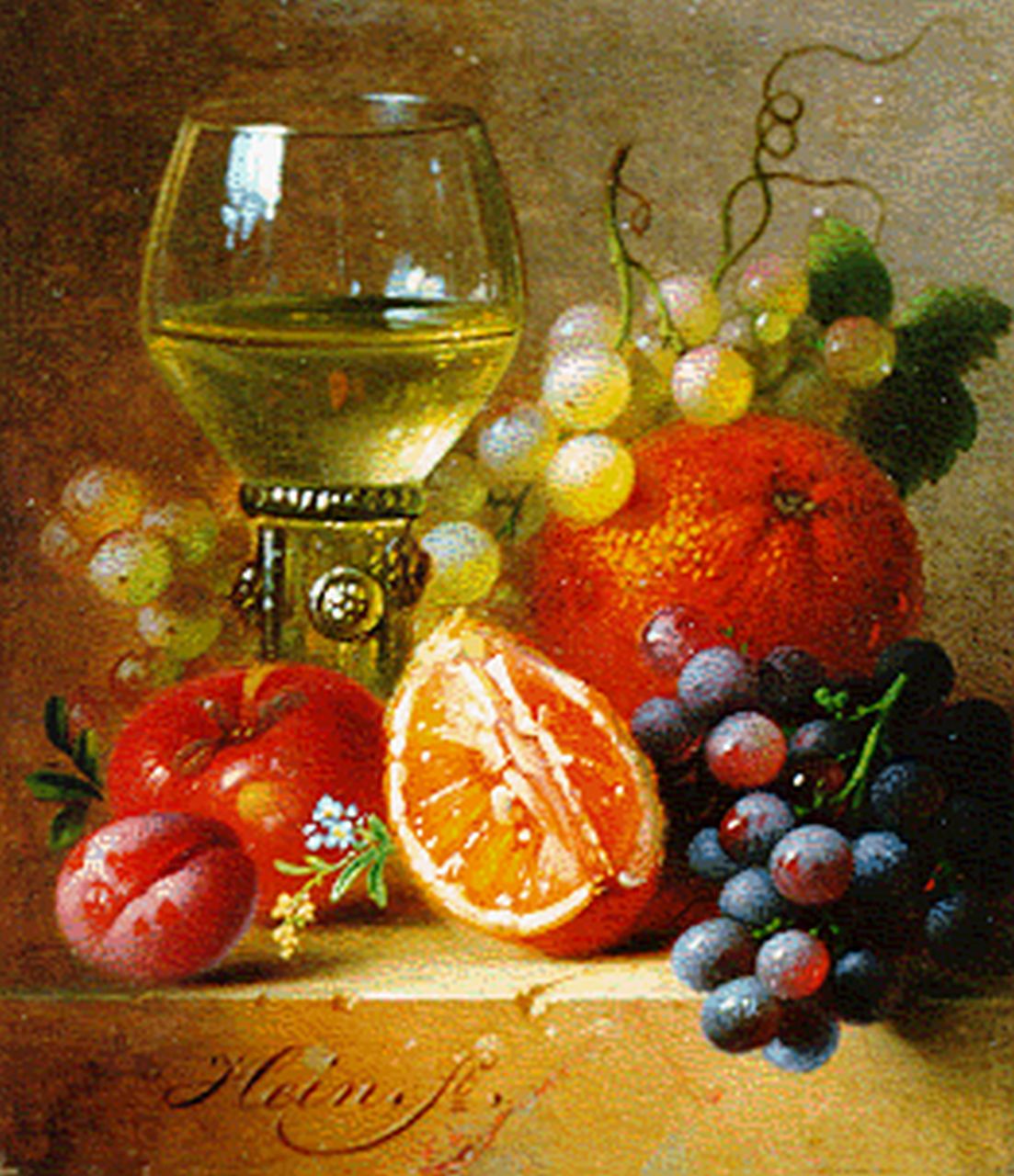 Hein H.J.  | Hendrik Jan Hein, A still life with wine, grapes,a orange and a apple, Öl auf Holz 10,1 x 8,7 cm, signed l.l.