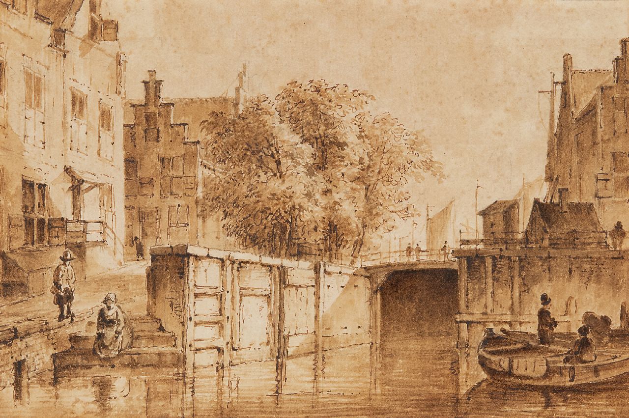 Westenberg G.P.  | George Pieter Westenberg, Die Oude Haarlemmersluis zu Amsterdam, in die Richtung der Martelaarsgracht gesehen, Feder, Pinsel und Tinte auf Papier 11,8 x 17,4 cm, Unterzeichnet im Verso und datiert 1822