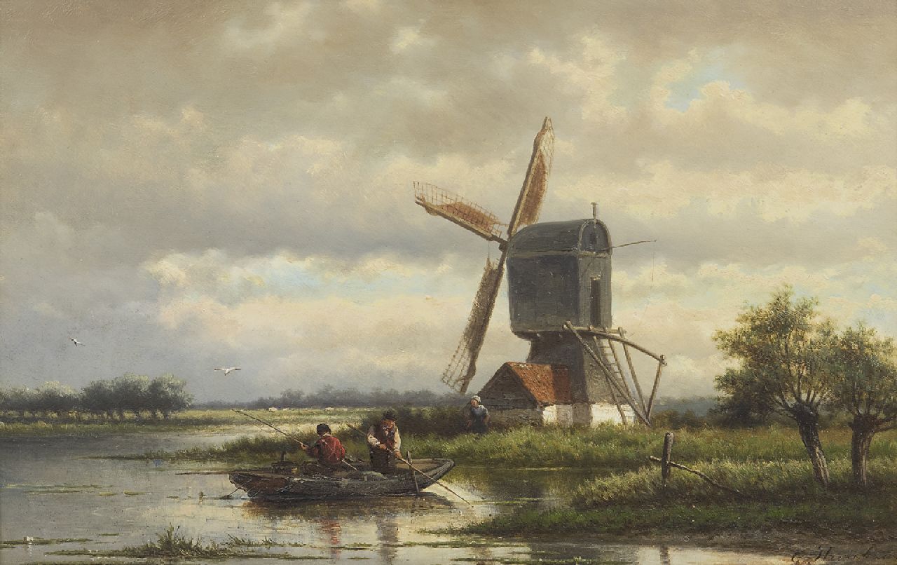 Georgius Heerebaart | Angler bei einer Mühle in einem Seengebiet, Öl auf Holz, 26,4 x 40,8 cm, Unterzeichnet u.r.