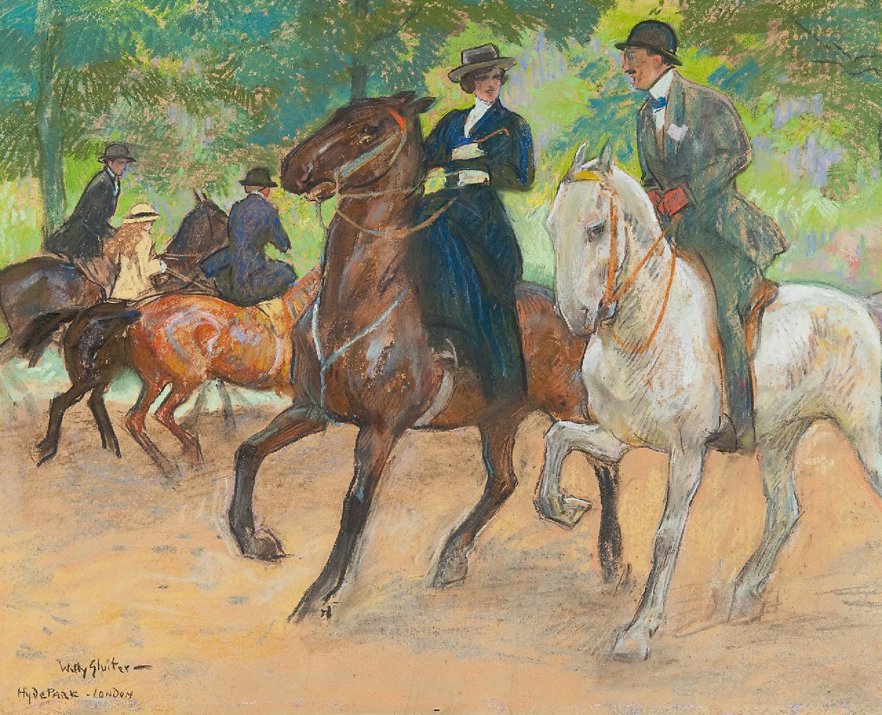 Sluiter J.W.  | Jan Willem 'Willy' Sluiter | Aquarelle und Zeichnungen zum Verkauf angeboten | Reiten im Hyde Park, London, Pastell auf Papier 38,0 x 49,0 cm, Unterzeichnet u.l.