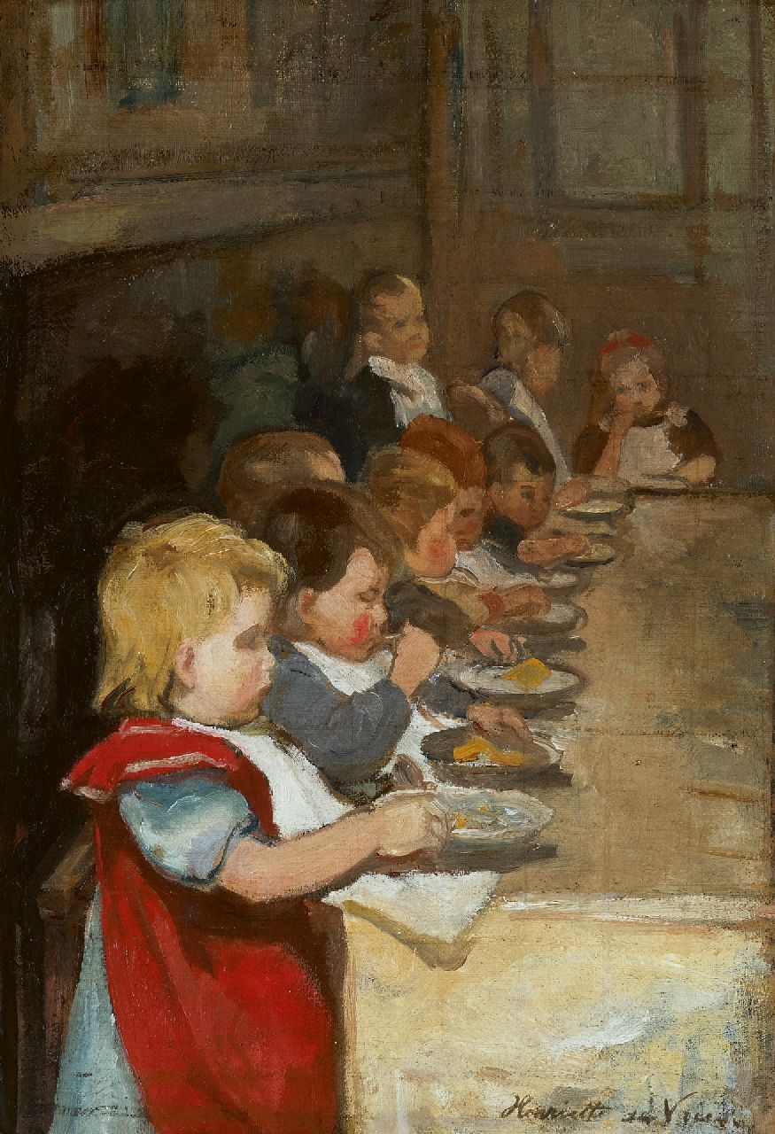 Vries S.C.H. de | Susanna Cornelia 'Henriëtte' de Vries, Kindermahlzeit, Öl auf Leinwand 42,4 x 32,2 cm, Unterzeichnet u.r.