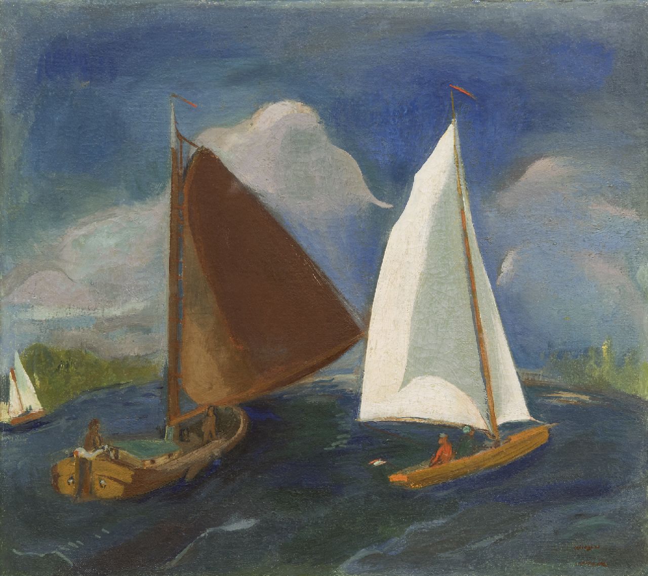 Wiegers J.  | Jan Wiegers, Segelboote am Paterswoldsemeer, Wachsfarbe auf Leinwand 45,5 x 50,4 cm, Unterzeichnet u.r. (zweimal) und zu datieren um 1931