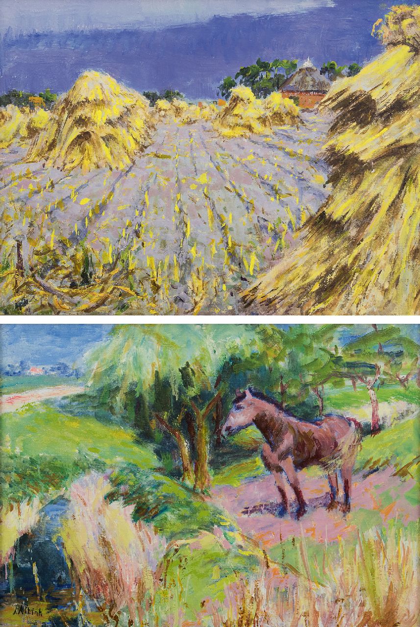 Altink J.  | Jan Altink, Flachsfeld; verso: Hof mit einem Pferd, Wachsfarbe auf Leinwand 58,0 x 78,5 cm, Unterzeichnet u.l. im Verso und zu datieren um 1930