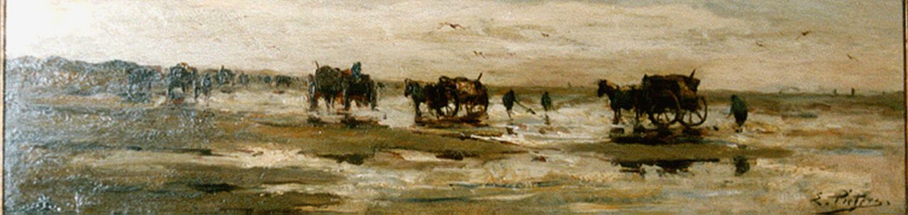 Pieters E.  | Evert Pieters, A view of the beach with shell-gatherers, Öl auf Holz 15,8 x 60,0 cm, signed l.r.