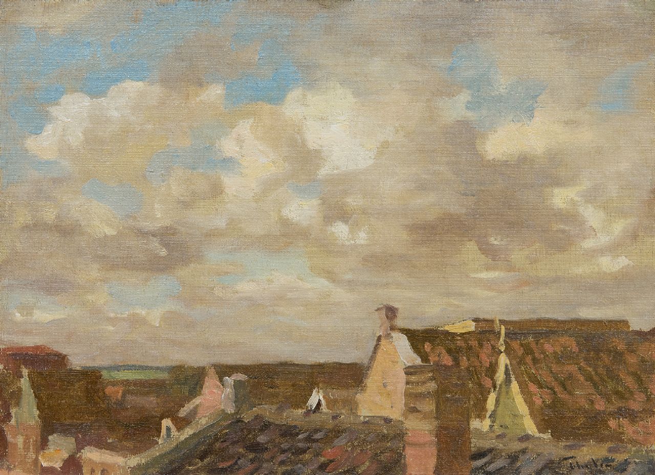 Tholen W.B.  | Willem Bastiaan Tholen, Aussicht über Dächer, Öl auf Leinwand auf Holz 23,0 x 31,7 cm, Unterzeichnet u.r.