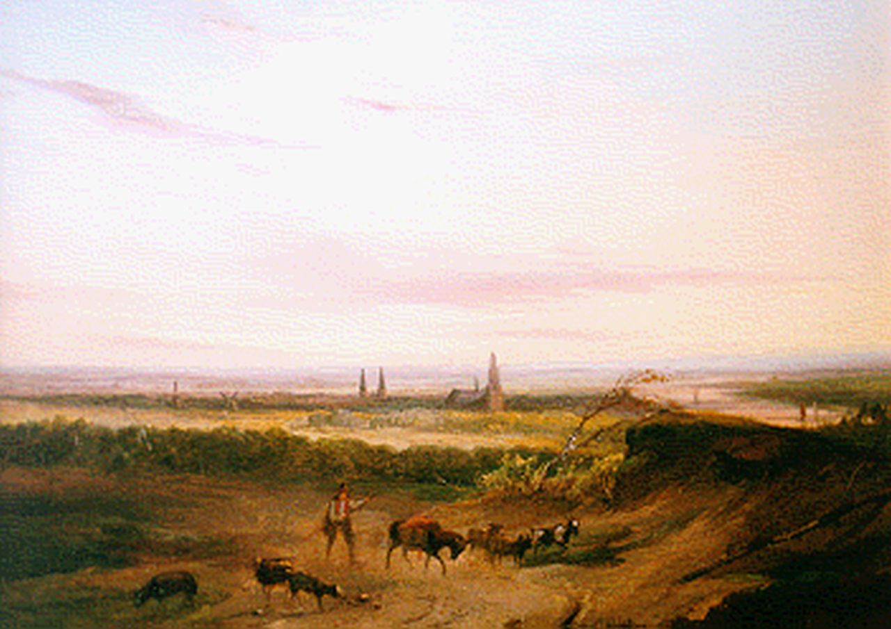 Pelgrom J.  | Jacobus Pelgrom, A herdsman with his cattle by Arnhem, Öl auf Holz 20,4 x 26,3 cm, signed l.r. und zu datieren um 1854-1858