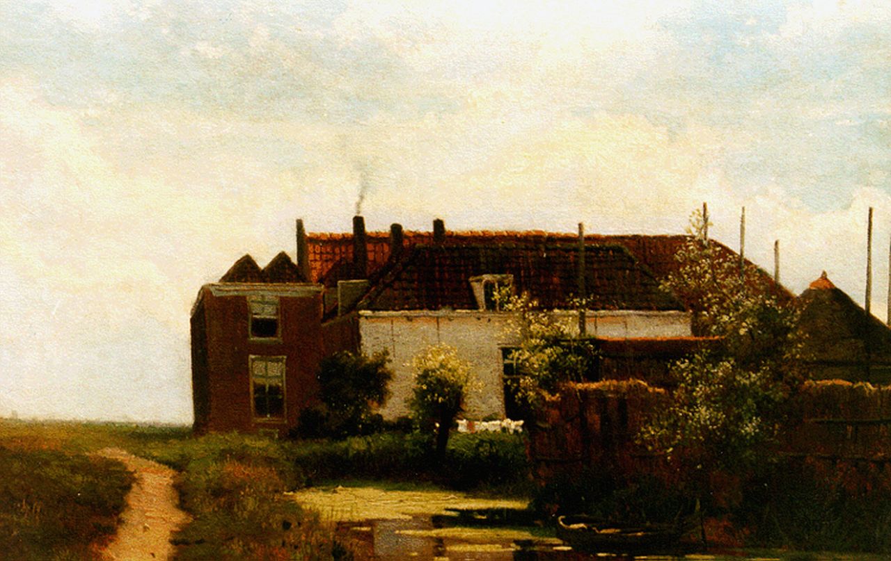 Weissenbruch H.J.  | Hendrik Johannes 'J.H.' Weissenbruch, A polder landscape with a farm along a waterway, Papier auf Leinwand 30,6 x 42,6 cm, signed l.r.