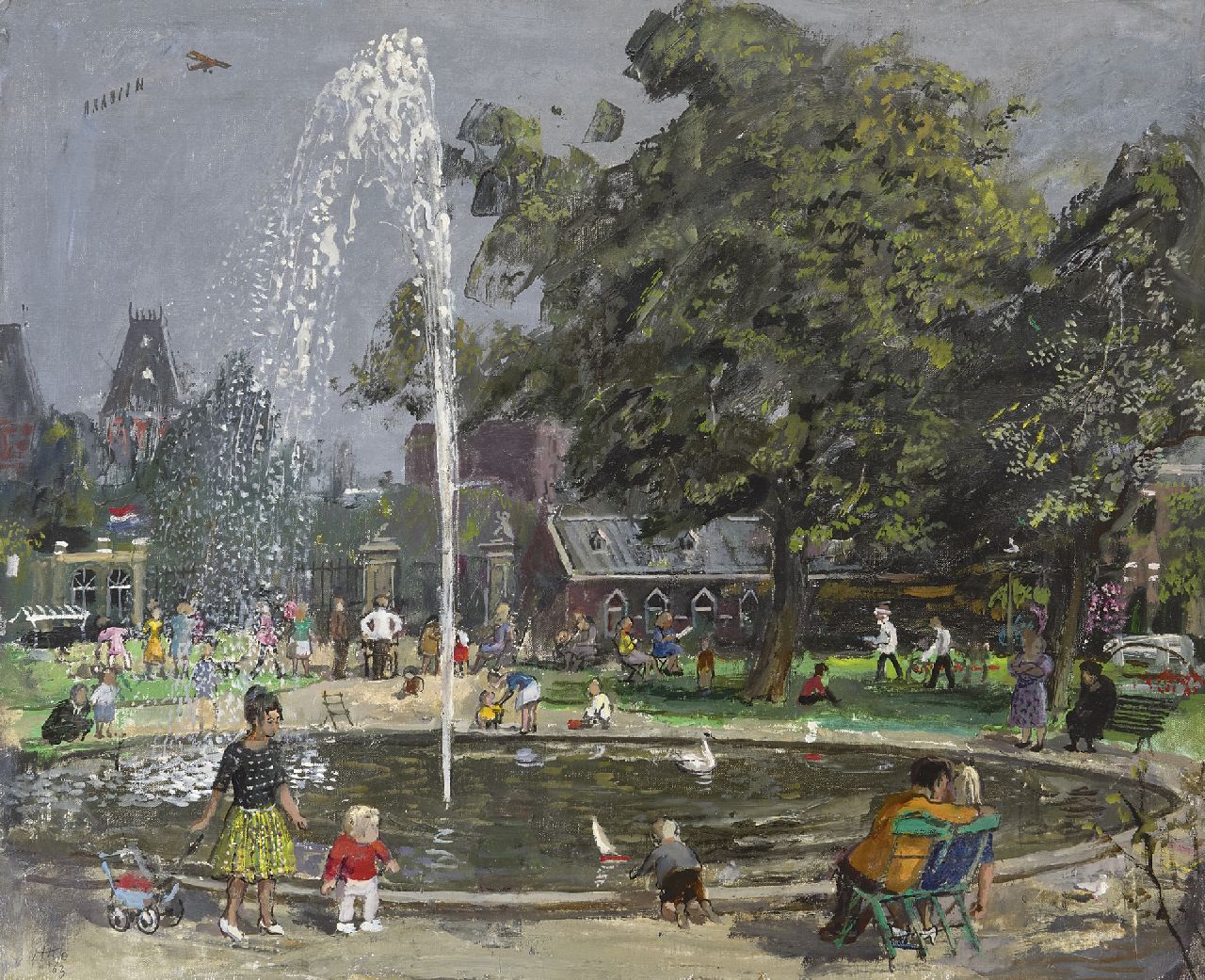 Kamerlingh Onnes H.H.  | 'Harm' Henrick Kamerlingh Onnes | Gemälde zum Verkauf angeboten | Sommernachmittag am Brunnen im Par, Amsterdamk, Öl auf Leinwand 50,4 x 61,2 cm, Unterzeichnet u.l. mit Monogramm und datiert '63