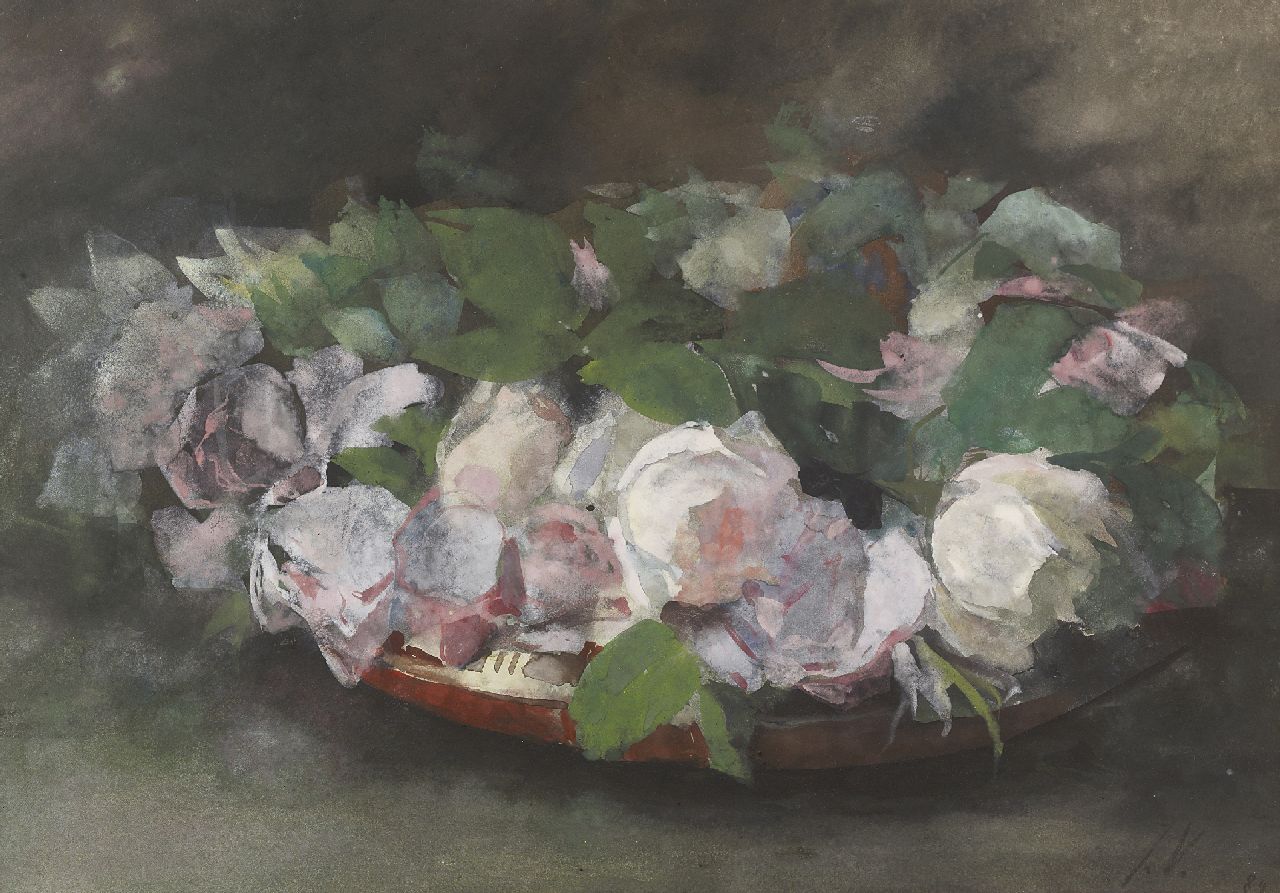 Voerman sr. J.  | Jan Voerman sr., 'La France'- Rosen in irdener Schale, Aquarell auf Papier 30,0 x 44,0 cm, Unterzeichnet r.u. mit Initialen und datiert '89