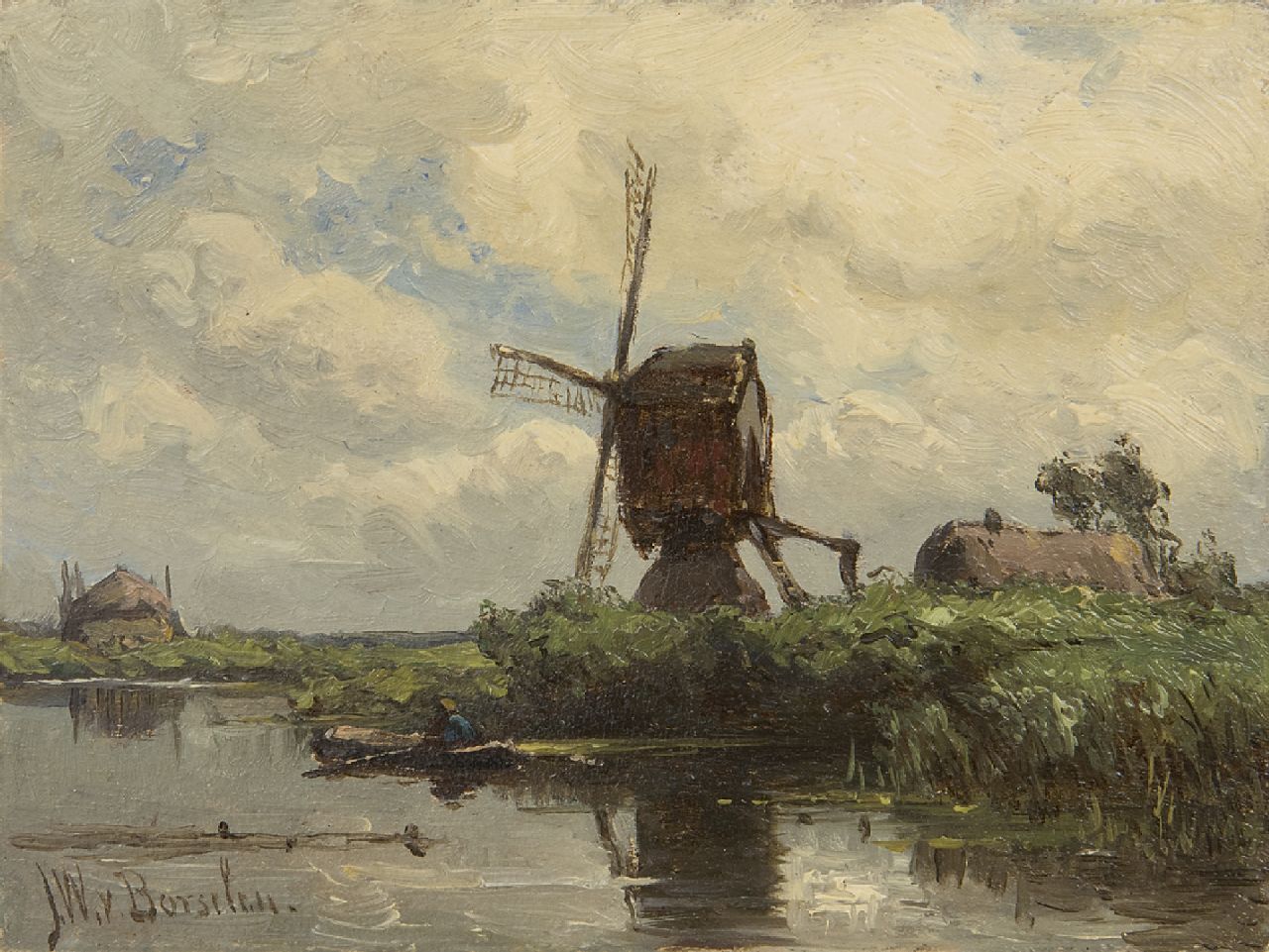 Borselen J.W. van | Jan Willem van Borselen, Bockwindmühle am Wasser, Öl auf Holz 9,0 x 11,9 cm, Unterzeichnet u.l.