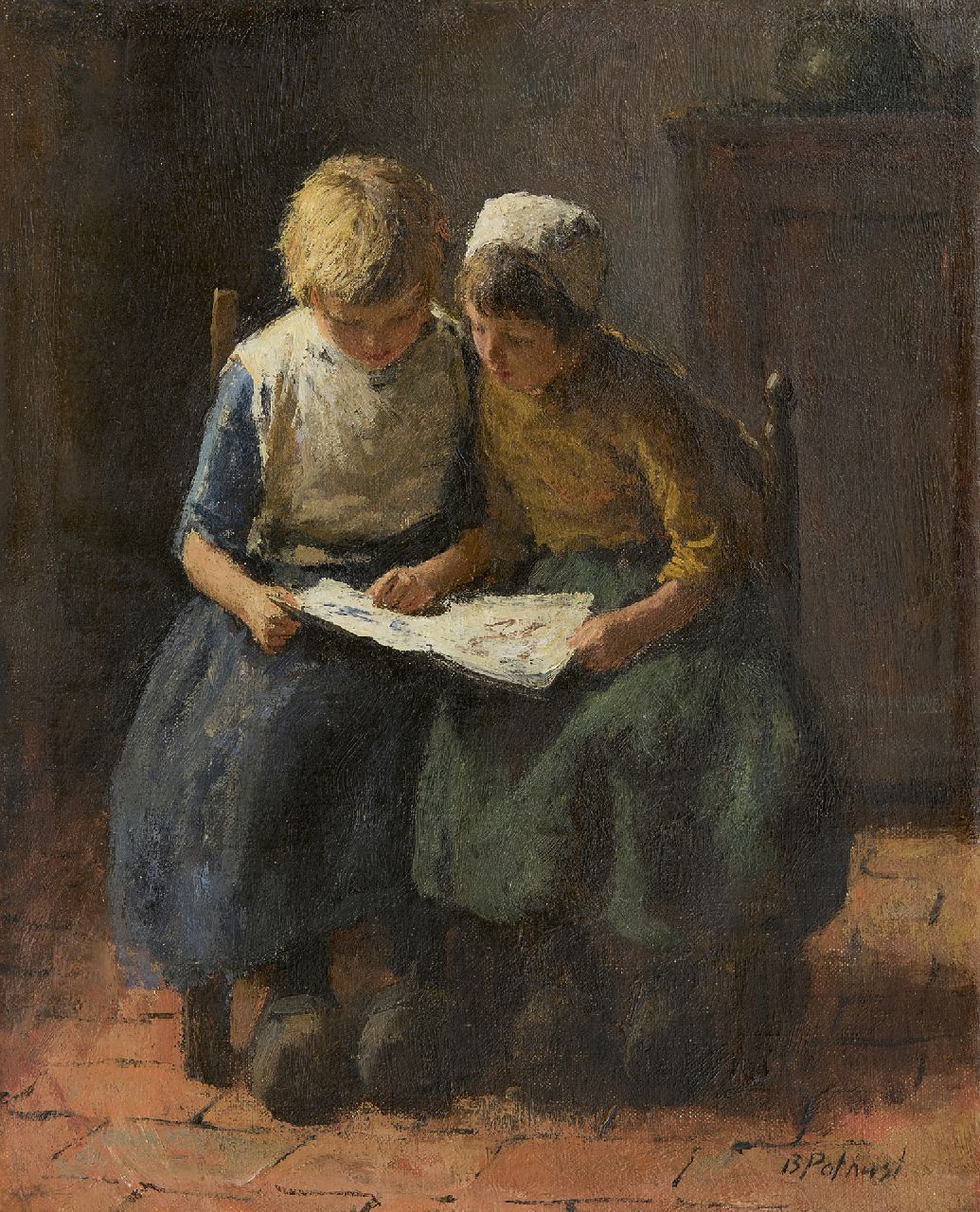 Pothast B.J.C.  | 'Bernard' Jean Corneille Pothast, Innenraum mit zwei lesenden Mädchen, Öl auf Leinwand 31,2 x 25,5 cm, Unterzeichnet u.r.