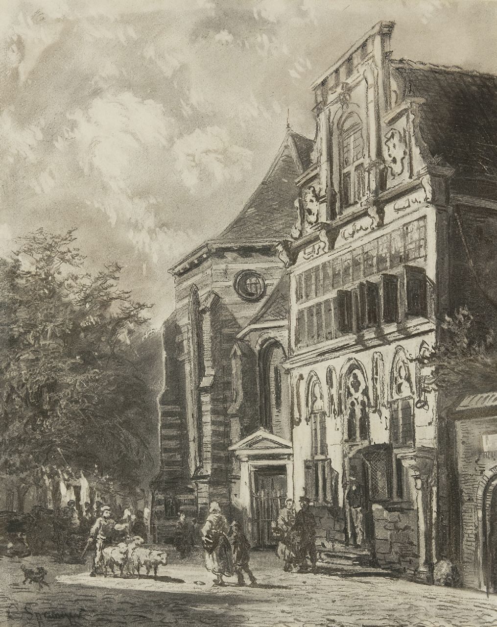 Springer C.  | Cornelis Springer, Sommerliche Aussicht auf die Petruskirche und das Stedehuys Woerden, Holzkohle  auf Papier 48,5 x 39,5 cm, Unterzeichnet u.l. und zu datieren 1858