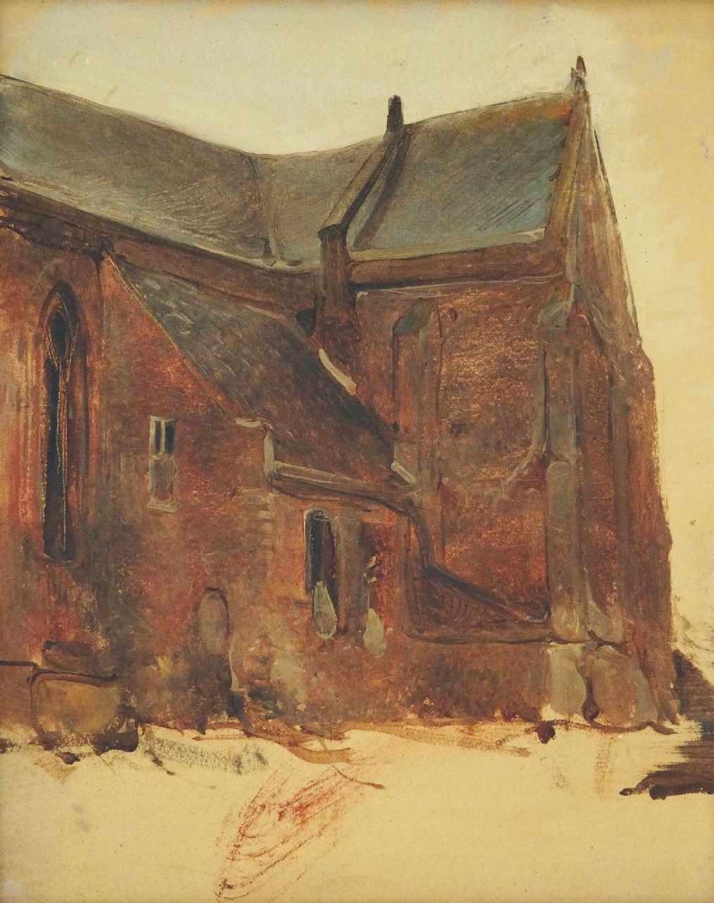 Bosboom J.  | Johannes Bosboom | Gemälde zum Verkauf angeboten | Exterieurskizze von einer Kirche, Öl auf Holz 30,7 x 25,2 cm