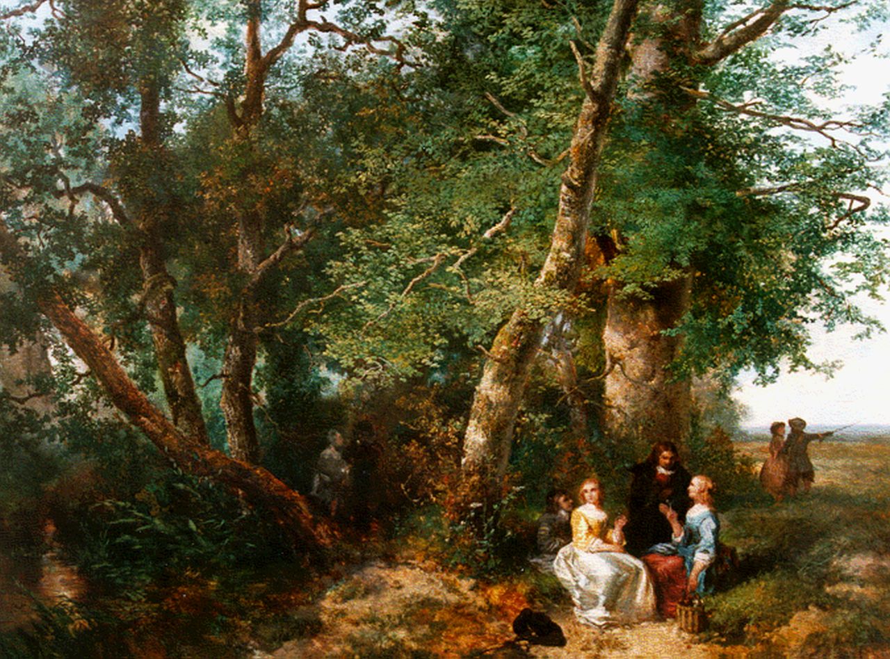 Kate J.M.H. ten | Johan 'Mari' Henri ten Kate, An elegant company in a wooded landscape, Öl auf Holz 48,5 x 61,7 cm, signed l.r. und dated 1852