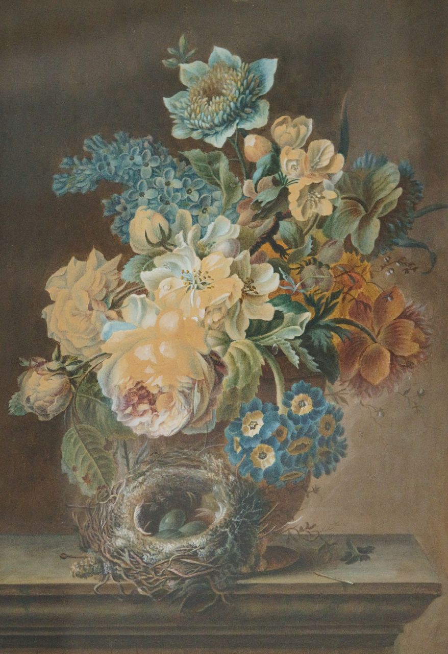 Knip H.G. | 'Henriëtte' Geertruida Knip | Aquarelle und Zeichnungen zum Verkauf angeboten | Stilleben mit Blumen und Vogelnest, Aquarell auf Papier 41,6 x 28,5 cm Knip H.G. | 'Henriëtte' Geertruida Knip | Aquarelle und Zeichnungen zum Verkauf angeboten | Stilleben mit Blumen und Vogelnest, Aquarell auf Papier 41,6 x 28,5 cm
