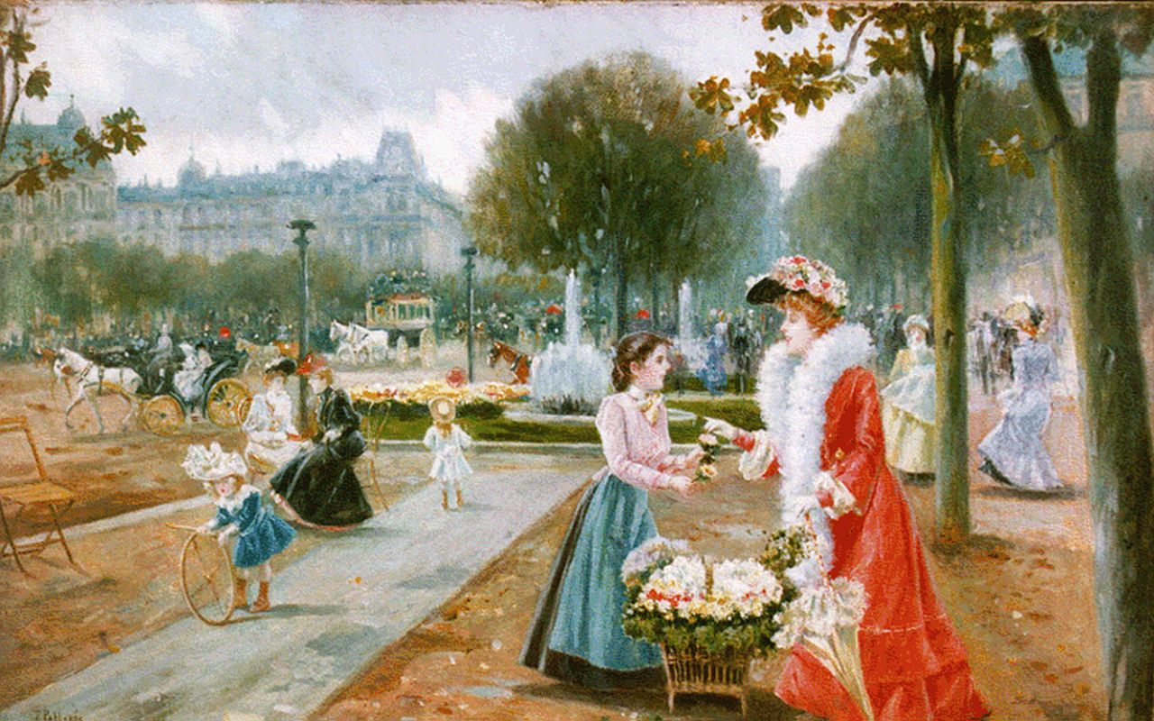 Pallarés y Allustante J.  | Joaquín Pallarés y Allustante, A flower market, Paris, Öl auf Leinwand 27,0 x 41,2 cm, signed l.l.