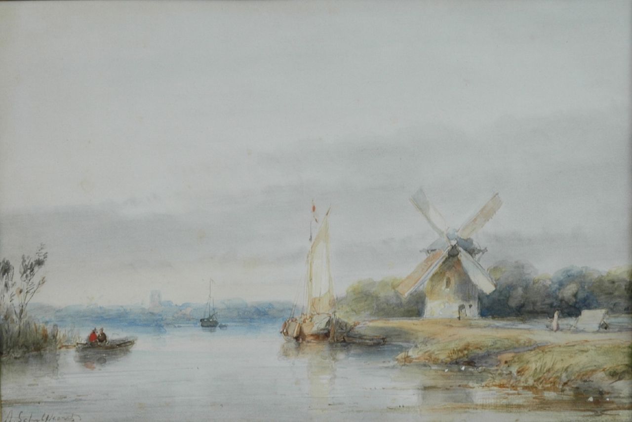 Schelfhout A.  | Andreas Schelfhout, A river landscape in summer, Aquarell auf Papier 16,8 x 24,5 cm, signed l.l.
