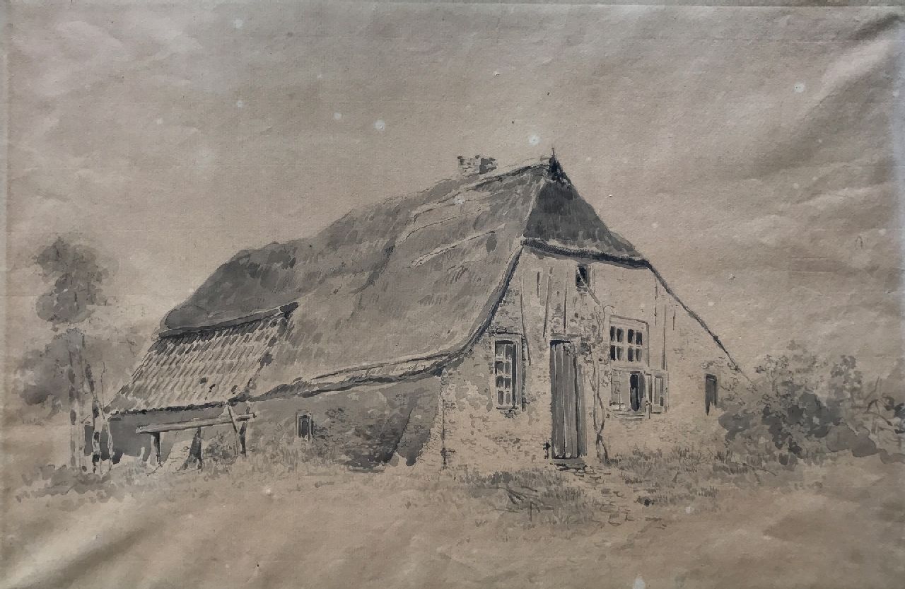 Sande Bakhuyzen H. van de | Hendrikus van de Sande Bakhuyzen, Bauernhof, Pinsel und Tinte auf Papier 31,3 x 44,3 cm, Unterzeichnet im Verso