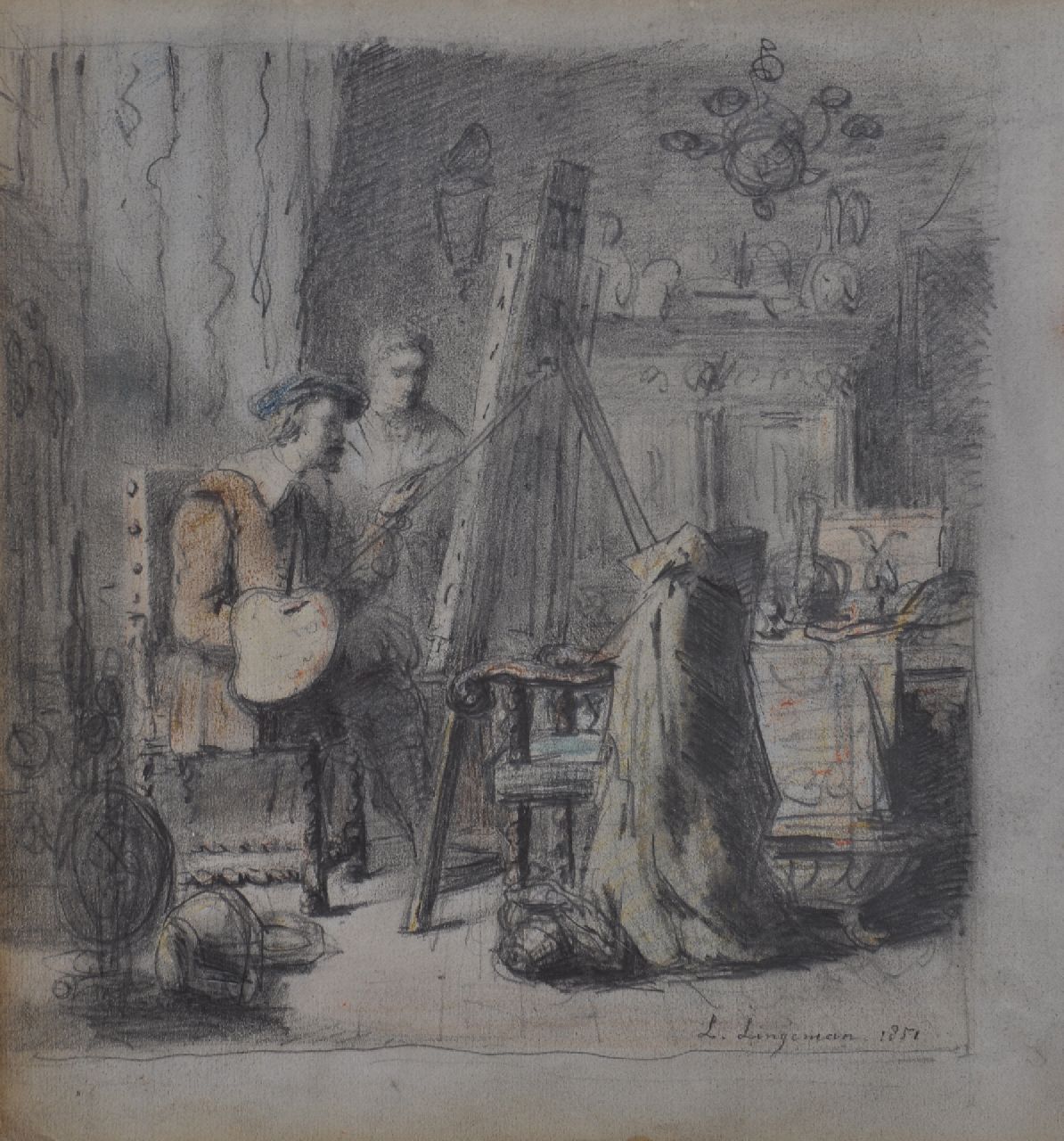 Lambertus Lingeman | Maler in seiner Werkstatt (möglich Rembrandt), Bleistift und Kreide auf Papier, 22,4 x 20,8 cm, Unterzeichnet u.r. und datiert 1852