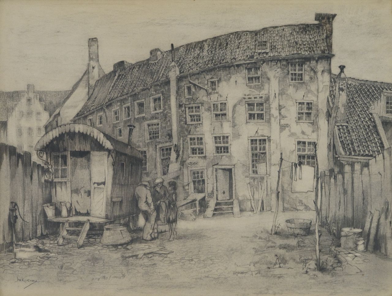 Jan Korthals | Mauerhäuser in Amersfoort, Zeichnung auf Papier, 46,0 x 56,0 cm, gesigneerd l.o.