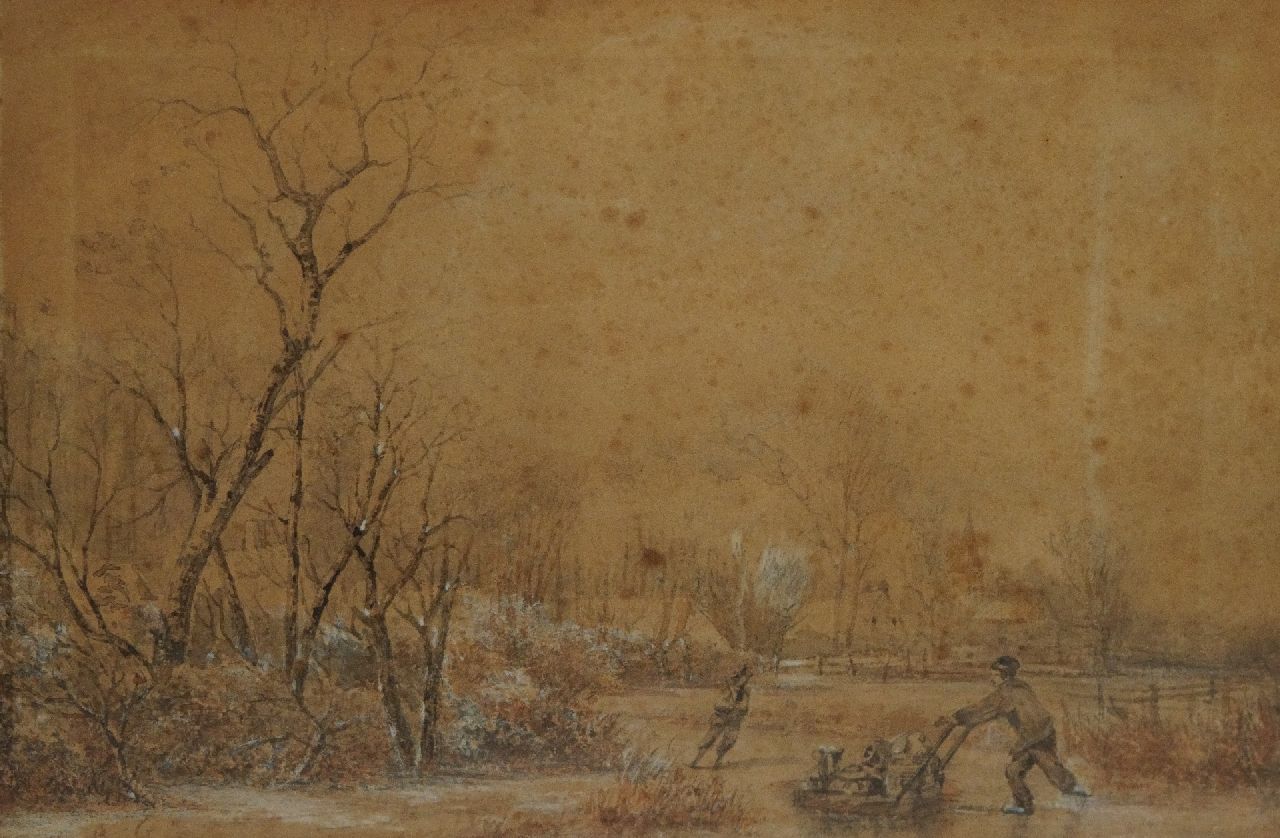Breuhaus de Groot F.  | Frans Breuhaus de Groot, Landschaft mit Schlittschuhläufern, Pinsel und Ausziehtusche und Aquarell auf Papier 19,2 x 28,9 cm, Unterzeichnet u.l. mit Initialen