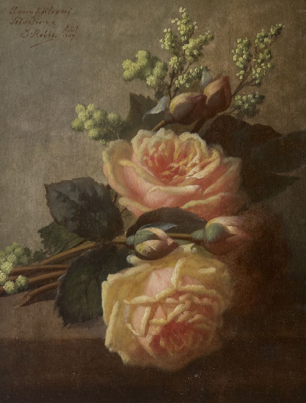 Robie J.B.  | Jean-Baptiste Robie | Gemälde zum Verkauf angeboten | Rosen auf einer Plinthe, Öl auf Holz 36,3 x 27,0 cm, Unterzeichnet o.l. und datiert 'Août' 1907