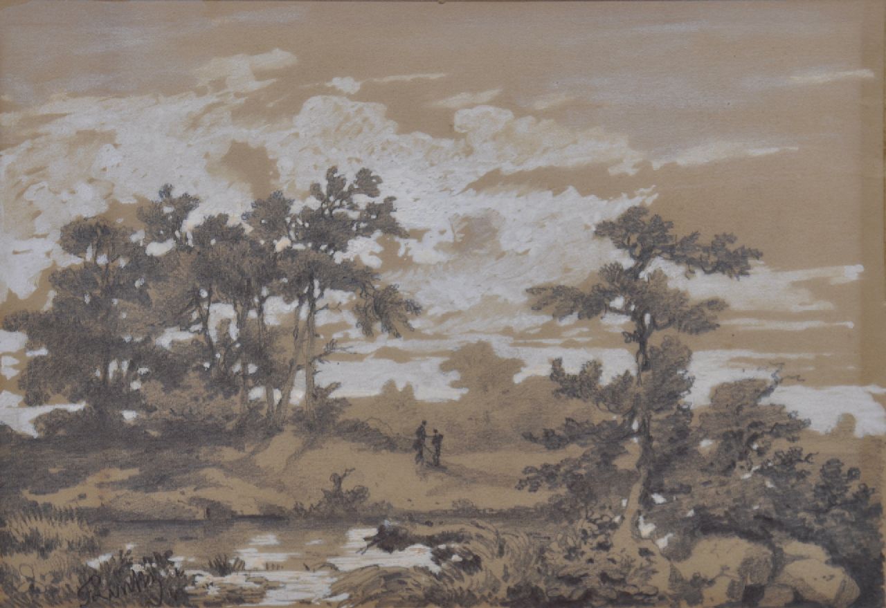 Lintz F.E.  | Ferdinand Ernst Lintz, Waldlandschaft mit Figuren, pencil and watercolour on coloured paper 13,3 x 18,8 cm, Unterzeichnet u.l.