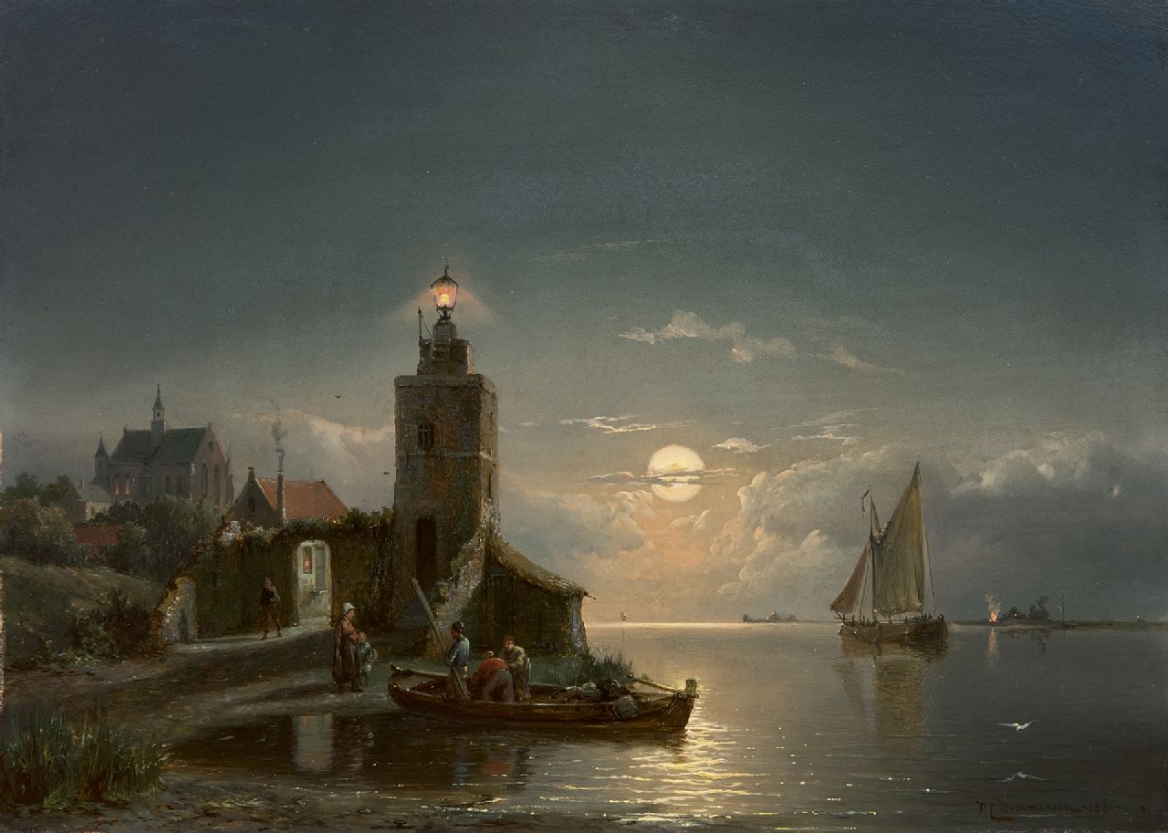 Dommershuijzen P.C.  | Pieter Cornelis Dommershuijzen, Leuchtturm in der Nacht, Öl auf Holz 27,4 x 38,0 cm, Unterzeichnet u.r. und datiert 1881