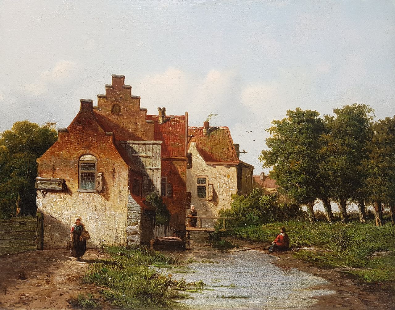 Pols D.  | D. Pols, Kleiner Dorfkanal mit einem Angler, Öl auf Holz 20,4 x 26,4 cm, Unterzeichnet u.r.