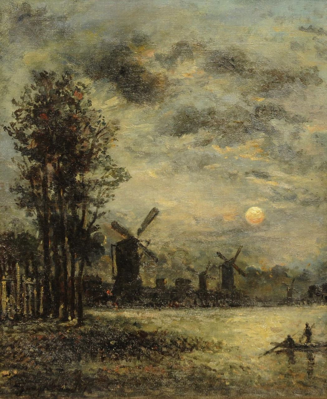Jongkind J.B.  | Johan Barthold Jongkind, Mühlen am Fluss bei Mondlicht, Öl auf Leinwand 46,3 x 38,8 cm, Unterzeichnet l.u. und datiert 187(0)