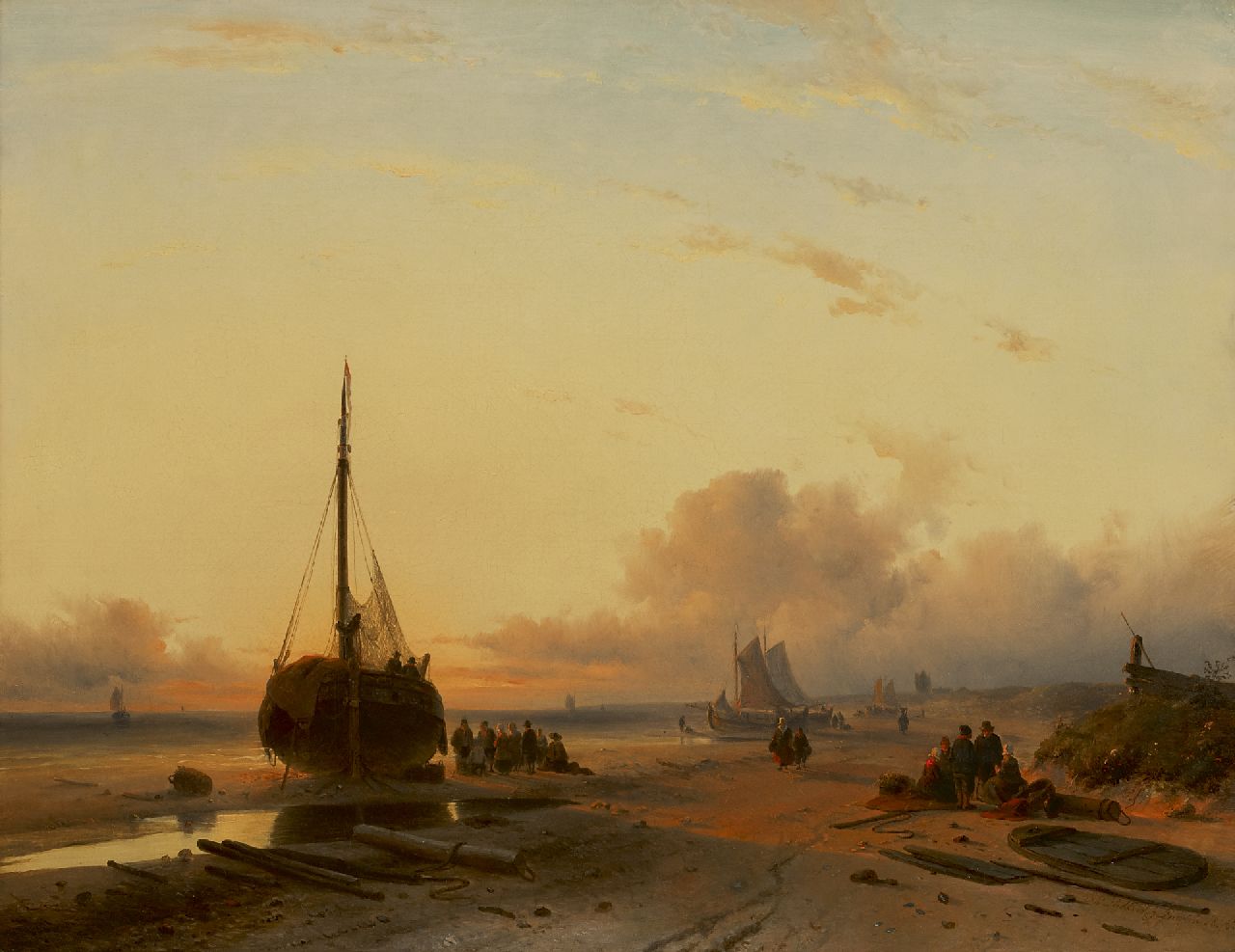 Leickert C.H.J.  | 'Charles' Henri Joseph Leickert, 'Bomschiffe' auf dem Strand bei untergehender Sonne, Öl auf Leinwand 58,0 x 75,0 cm, Unterzeichnet r.u. und datiert 'London' 1845